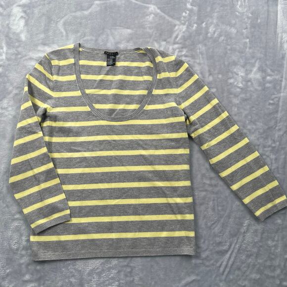 Theory Knit Top Womens Medium Gray Yellow Striped Scoop Neck 3/4 Sleeve Y2K - Picture 1 of 12